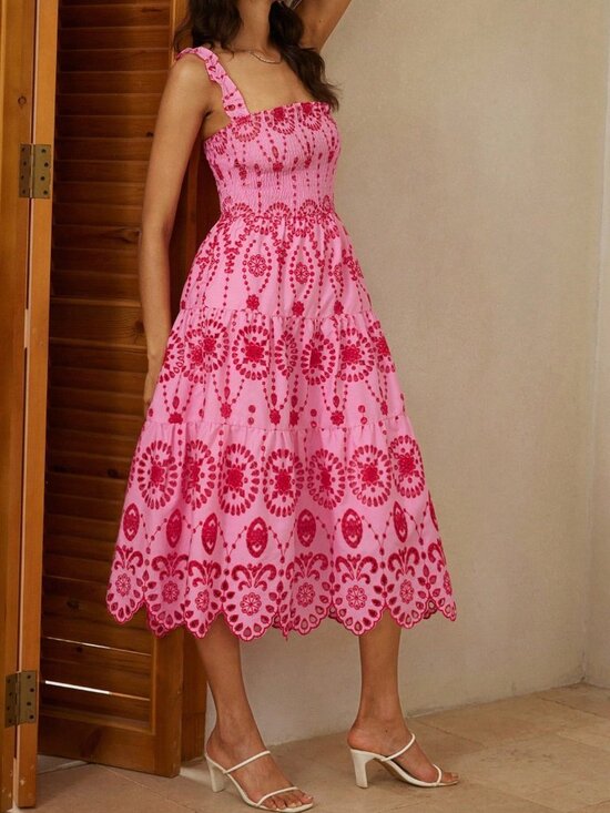 Dresses & Skirts - Pink Boho Elegant Women's Hollow-Out Embroidered Sleeveless Maxi Dress